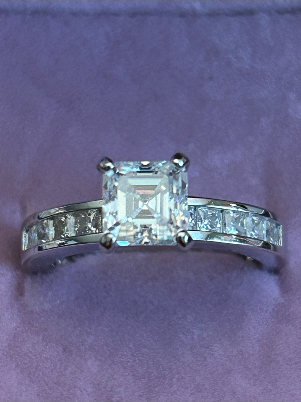 1.75CTW Asscher-Cut Solitaire Moissanite w/Princess Cut Channel-Set Side Stones